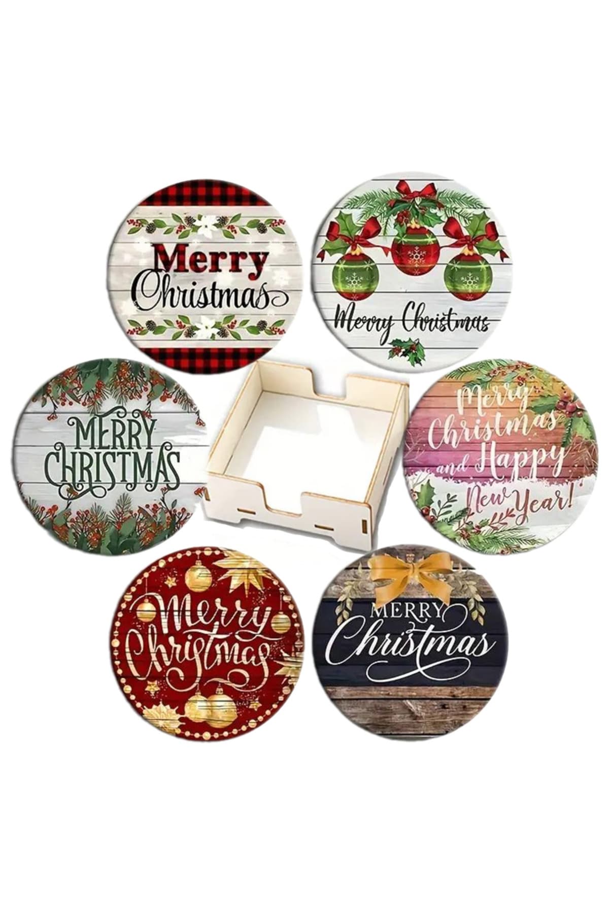 BİLGE tasarım Noel Yılbaşı Ahşap Bardak Altlığı - 6 lı set Set AHŞAP ÖZEL TASARIM KUTULU