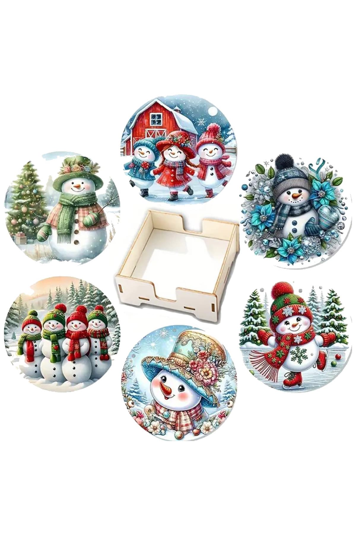 BİLGE tasarım Noel Yılbaşı Ahşap Bardak Altlığı - 6 lı set Set AHŞAP ÖZEL TASARIM KUTULU