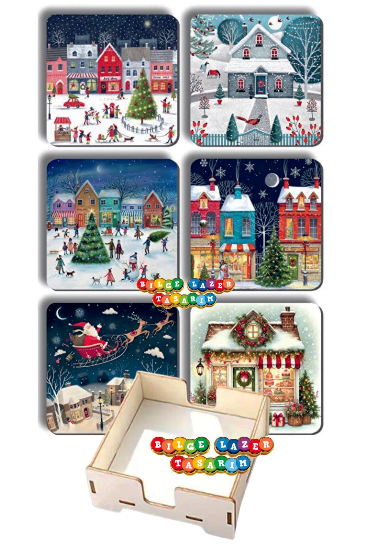 BİLGE tasarım Noel Yılbaşı Ahşap Bardak Altlığı - 6 lı set Set AHŞAP ÖZEL TASARIM KUTULU