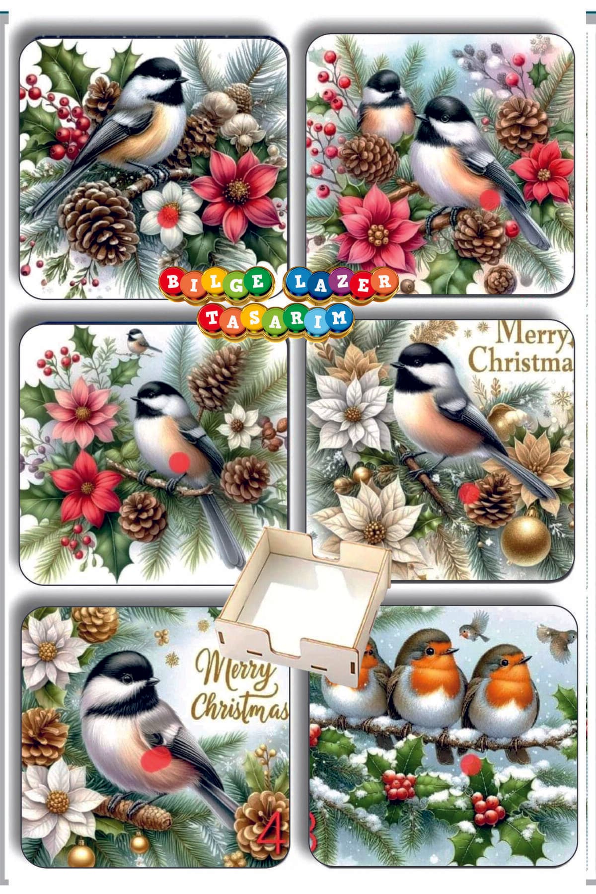 BİLGE tasarım Noel Yılbaşı Ahşap Bardak Altlığı - 6 lı set Set AHŞAP ÖZEL TASARIM KUTULU