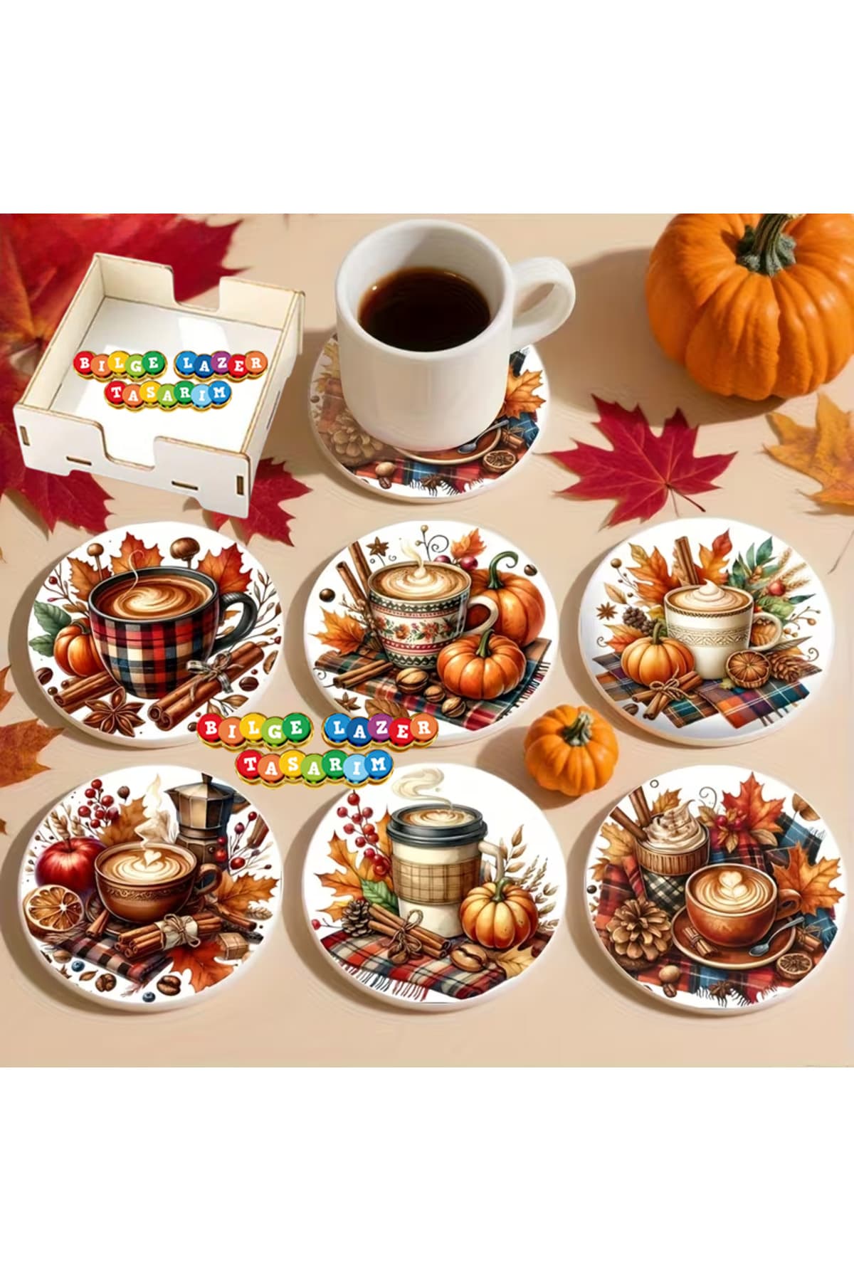 BİLGE tasarım Noel Yılbaşı Ahşap Bardak Altlığı - 6 lı set Set AHŞAP ÖZEL TASARIM KUTULU