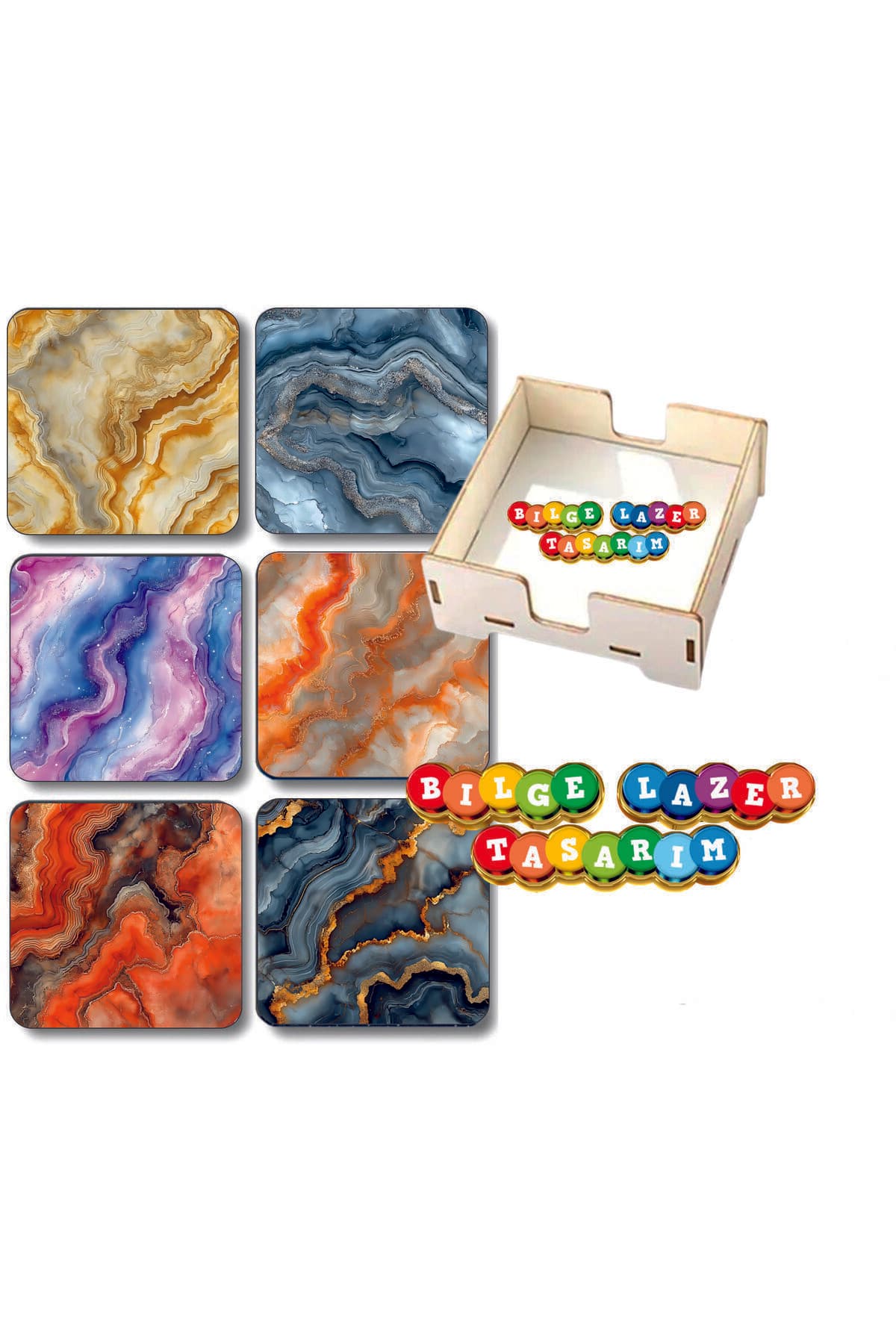 BİLGE tasarım MERMER desenli Ahşap Bardak Altlığı - 6 lı set Set AHŞAP ÖZEL TASARIM KUTULU