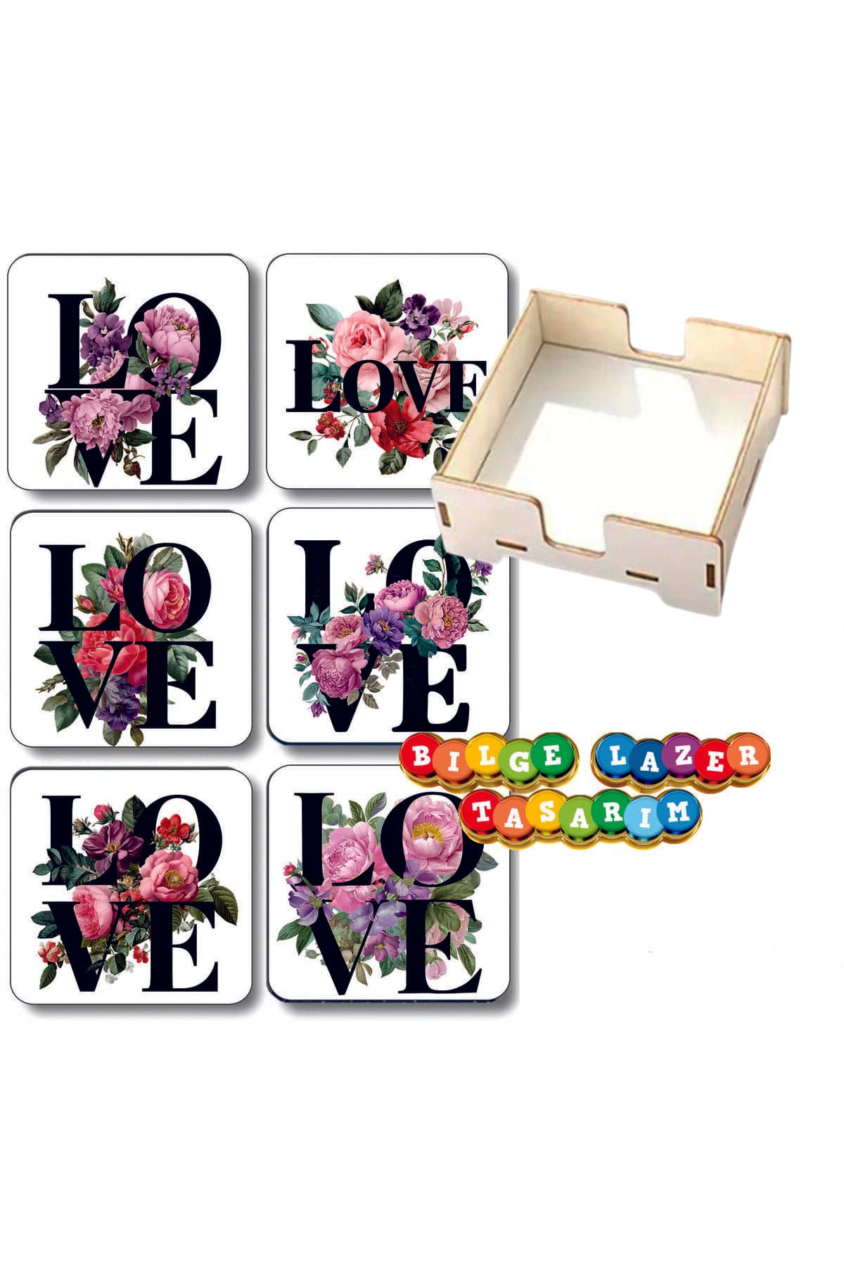BİLGE tasarım sevgiliye love temalı Ahşap Bardak Altlığı - 6 lı set Set AHŞAP ÖZEL TASARIM KUTULU