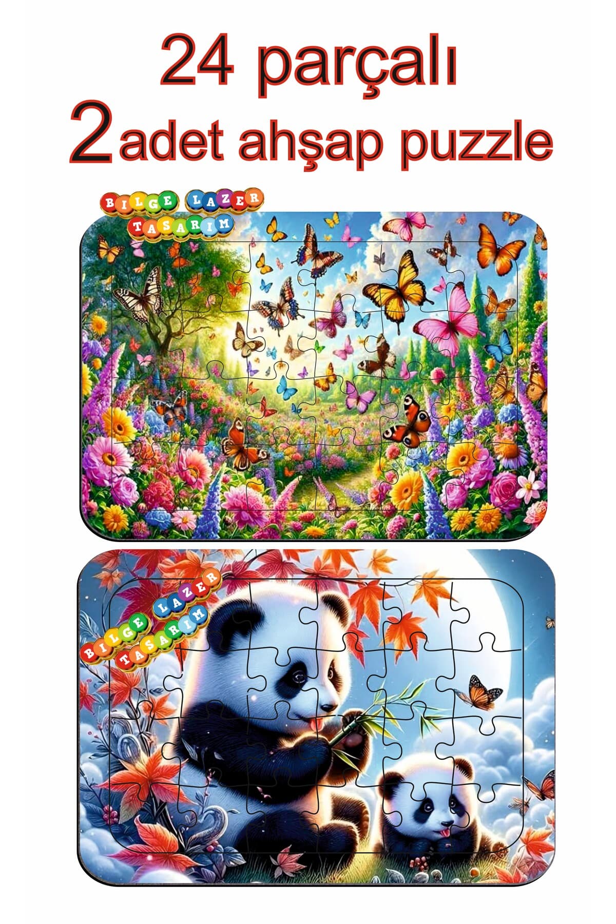 Çocuklar İçin Eğitici ve Öğretici Ahşap Renkli Puzzle 2 li Set (24 parçalı)