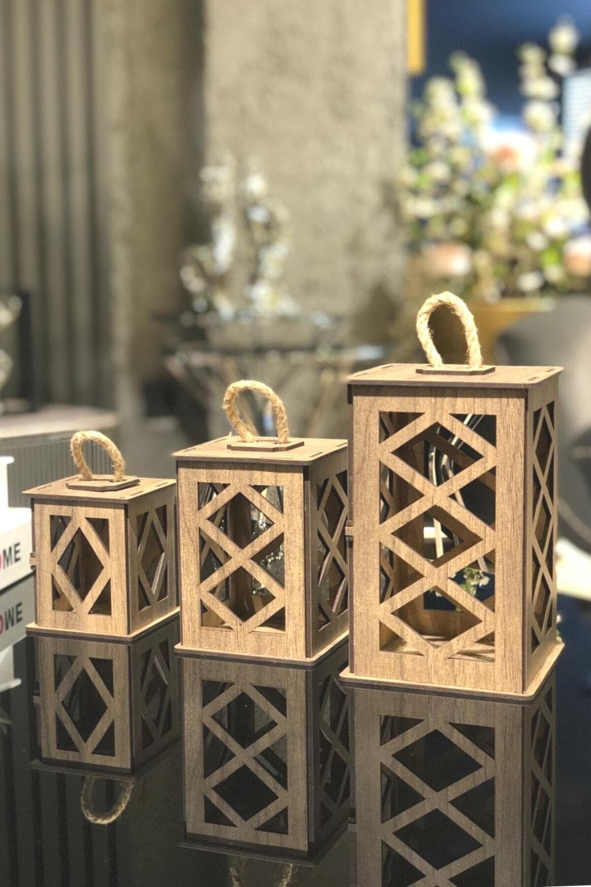 3'lü Mini Ahşap Fener Seti